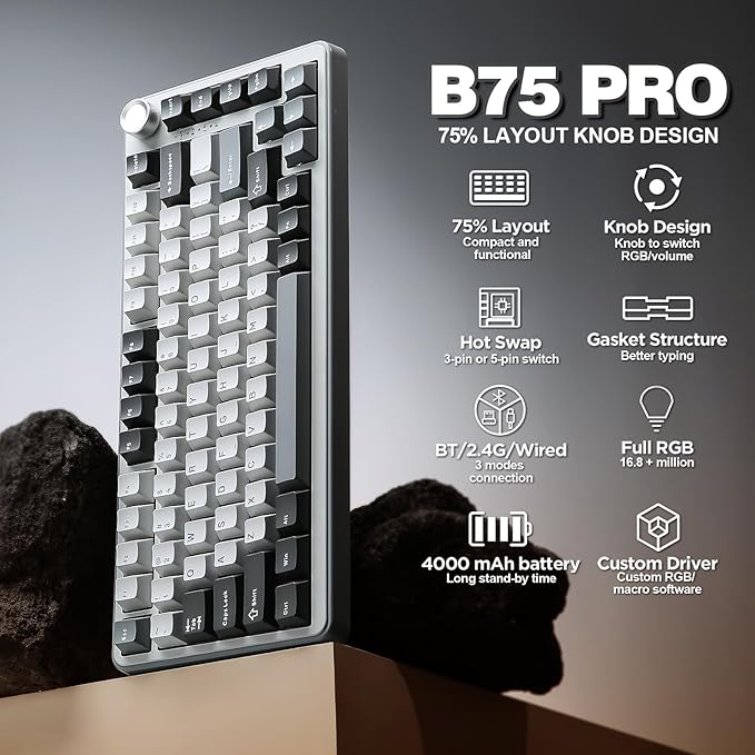 YUNZII B75 PRO Wireless Mechanical Keyboard75% Layout with KnobHot Swap Gasket Custom StructureCreamy Pre-lubed SwitchesRGB BacklitBluetooth/Type-C/2.4G for Win/Mac(Cocoa Cream V2 SwitchGrey)