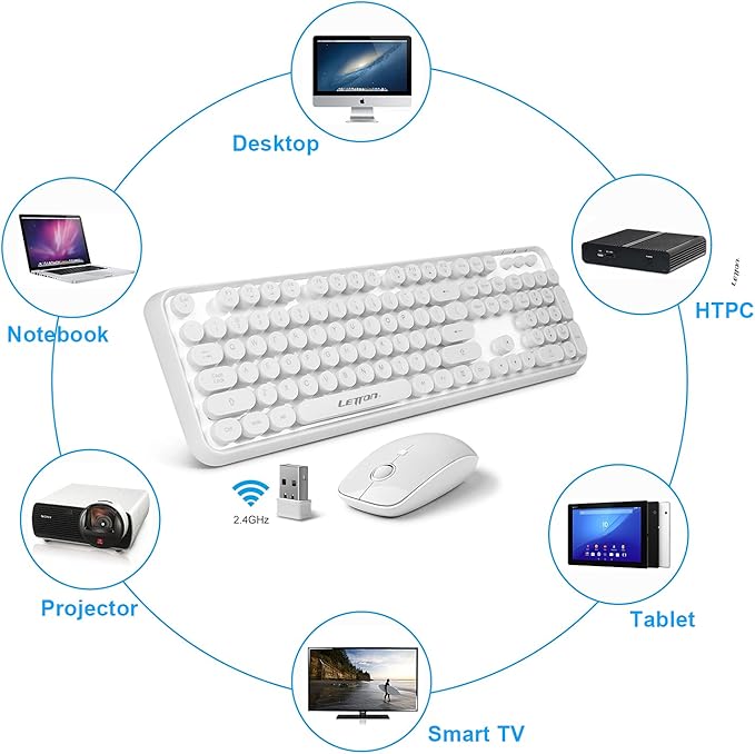 White Retro Typewriter Keyboard and Mouse Wireless Combo Cute Wireless Keyboard with Retro Round Keycaps2.4Ghz Full Szie Creamy Clicky &amp Satisfying Typing Keyboard&amp3 DPI Mouse for PC Laptop