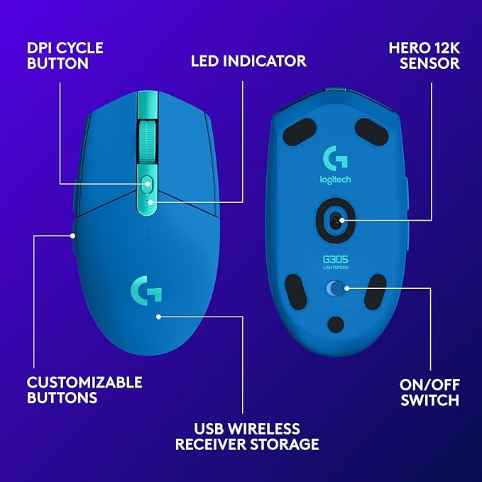Logitech G305 Lightspeed Wireless Gaming Mouse Hero Sensor 12000 DPI Lightweight 6 Programmable Buttons 250h Battery On-Board Memory Compatible with PC Mac - Blue