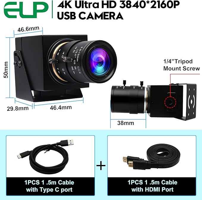 ELP 4K 60fps USB3.0 Webcam - HDMI Output for TV/Monitor - Manual Zoom - High Speed PC Camera for Video Conference - H.264 Variable Focus