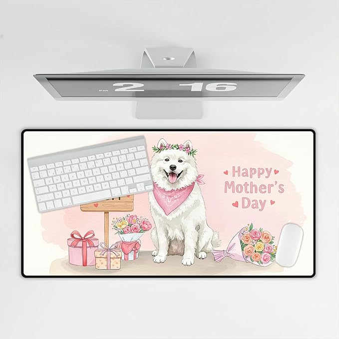 Happy Mother's Day Samoyed Love Dog Mom Heart Flower Desk Mat Full Keyboard Mouse Pad Siberian Sammy Dog Lover Large Mousepad 12004
