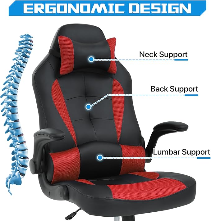 PC Gaming Chair - Ergonomic PC Office Chair w/Adjustable Lumbar Support &amp Headrest High Back PU Leather Computer Desk Chair for Adults (350lbs Capacity) (Red)