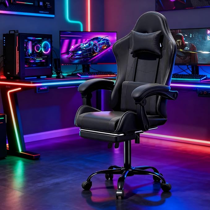 Magshion Gaming Chair Ergonomic Computer Chair with Linkage Armrests Height Adjustable Video Game Chair with Footrest and Headrest for Silla Gamer and Adults 350 Lbs Capacity Black