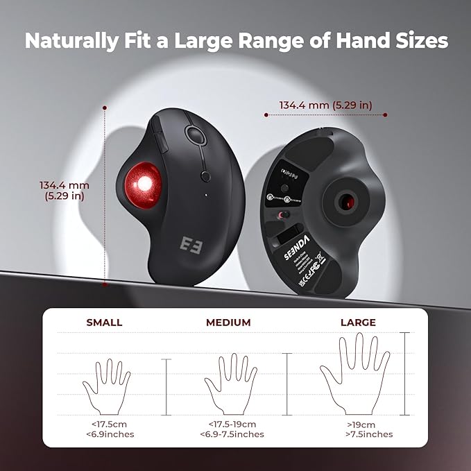 seenda Wireless Trackball Mouse Bluetooth - Ergonomic Rollerball Mouse Rechargeable 3 Device Connection Optical Mice Adjustable DPI Thumb Control Mice Compatible for Mac/Android/Windows - Black&amp