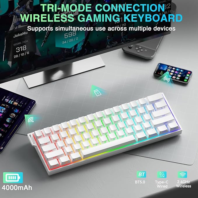 Aula MINI60 HE PRO - 60% Mechanical Gaming Keyboard Wireless Hall Effect Magnetic Switch Hot Swappable Rapid Trigger Mode 8000 Hz Polling Rate 60 Percent Compact Design (White)
