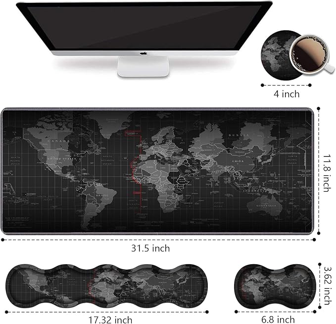 Ergonomic Keyboard Wrist Rest &amp Mouse Pad Wrist Rest Set Large XXL Gaming Mousepad 31.5x 11.8 Memory Foam Easy Typing Pain Relief Multifunctional Desk Mat for Office &amp Home World Map Pa