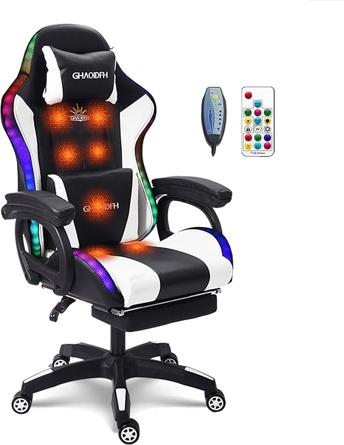 Massage Gaming Chair with Speakers and LED Light Ergonomic Computer Gaming Chair with Footrest and Adjustable Lumbar Support PU Leather 90°-135° Racing Video Gaming Chair.White