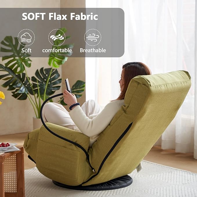 360-Degree Swivel Floor Chair with 5-Position Folding Design Adjustable Headrest Waist Support Armrests and Phone Holder for Living Room (Green+Fine Linen)