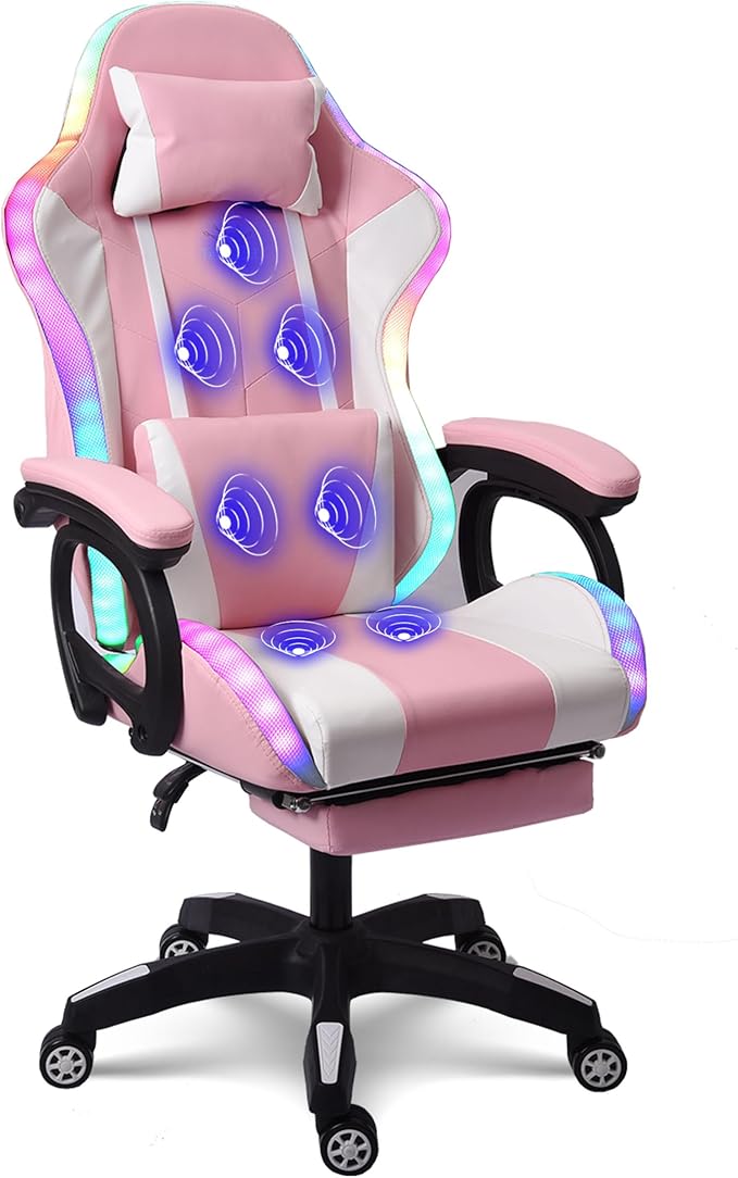 Massaging Gaming Chair with Footrest and Lumbar Support Gaming Chair with RGB Lights and Speakers Ergonomic Office Chair Adjustable Linkage Armrests. Gaming Chair for Adults.Pink