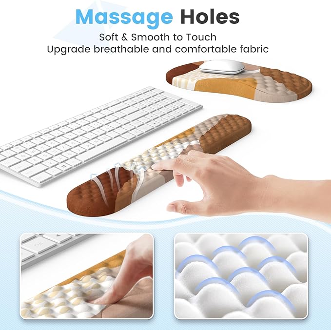 HAOCOO Ergonomic Mouse Pad with Wrist Support and Keyboard Pad Set 3 PCS Computer Carpal Tunnel Mouse Pads for Desk with Coaster Memory Foam Mousepad for Home Office Brown Boho
