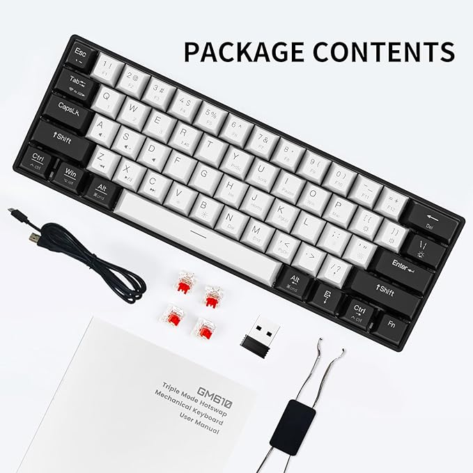 Newmen GM610 60% Wireless Mechanical Gaming KeyboardWired/Bluetooth/2.4G KeyboardRGB Backlit61 Anti-Ghosting KeysProgrammableHot-Swappablefor Windows Mac Android (Black-White/Red Switch)