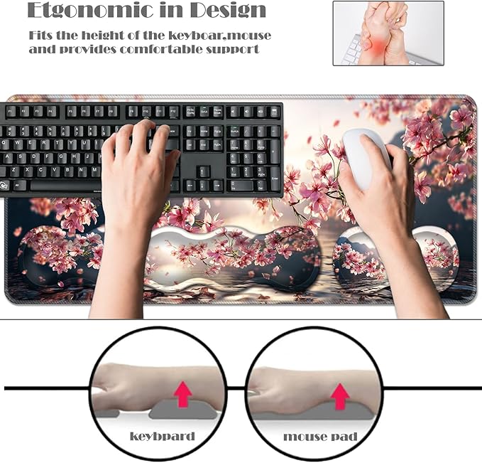 Ergonomic Keyboard Wrist Rest &amp Mouse Pad Wrist Rest SetXL Gaming Desk Mat 31.5x 11.8Non-Slip BaseMemory FoamEasy Typing Pain Relief for Office &amp HomeCherry Blossoms Over Water
