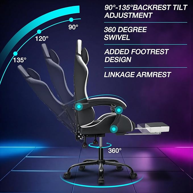HOFFREE Gaming Chair Massage with LED RGB Lights and Footrest Ergonomic Computer Chair High Back Video Game Chair with Adjustable Lumbar Support Linkage Armrest White and Black