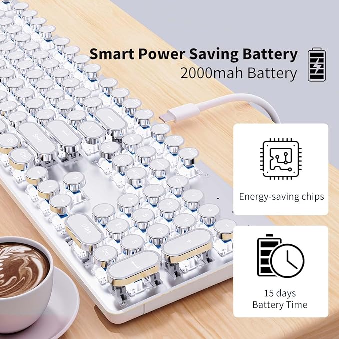 EWEADN TK950 Typewriter Keyboard Wireless Mechanical Keyboard 104 Keys Aesthetic Typewriter Keyboards with White Backlit Anti-Ghosting Blue Switch Bluetooth/2.4GHz/Wired Keyboards-White