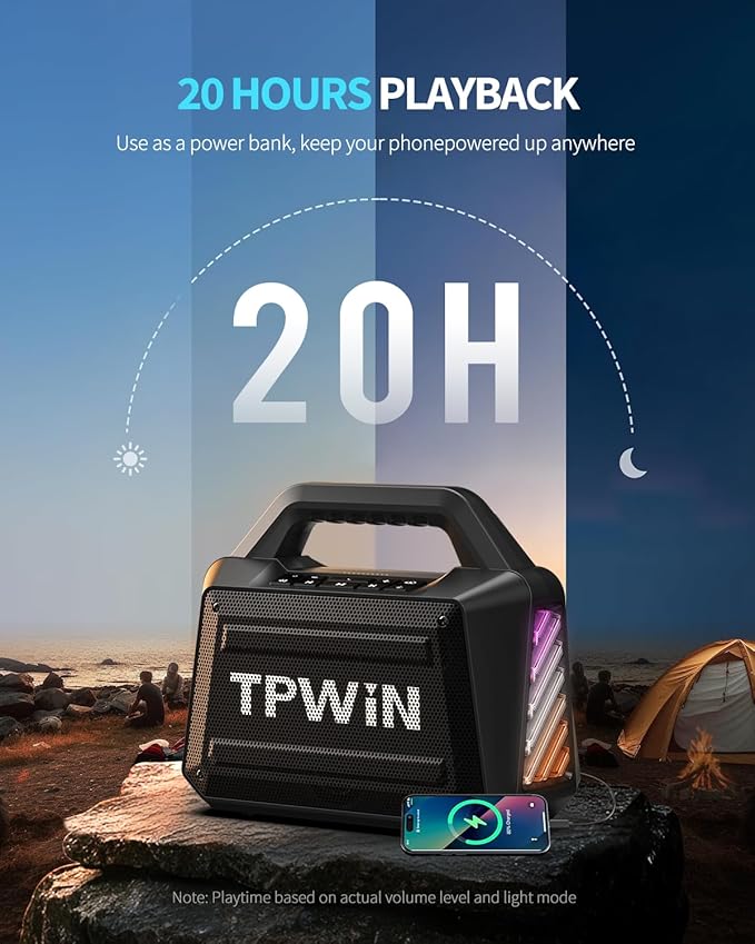 Bluetooth Speaker - 80W Loud Rugged Outdoor Speakers IPX6 Waterproof 20H Playtime Deep Bass Lightshow TWS BT 5.3 Wireless Portable for Travel Hiking Camping Beach Pool - Black