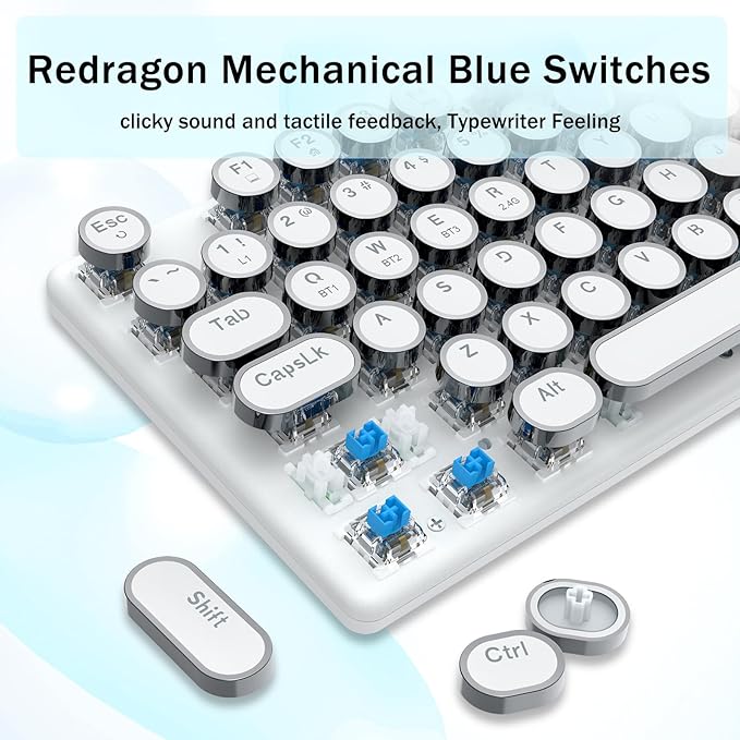 Redragon K710 Wireless Typewriter Mechanical Gaming Keyboard Bluetooth/2.4Ghz/Wired RGB LED Backlit Blue Switch - Clicky Rechargeable Solid Metal Panel Round Keycaps White