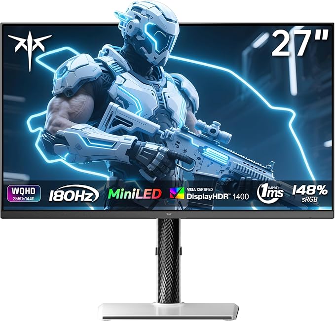 KTC Mini LED Monitor 27 Inch | Gaming Monitor | 2K@180Hz QHD (2560x1440P) | VESA Display HDR1400 | 1ms | FreeSync/G-Sync | 148% sRGB HDMIx2 DPx1 Vertical and Wall Mounting Support White(Renewed)