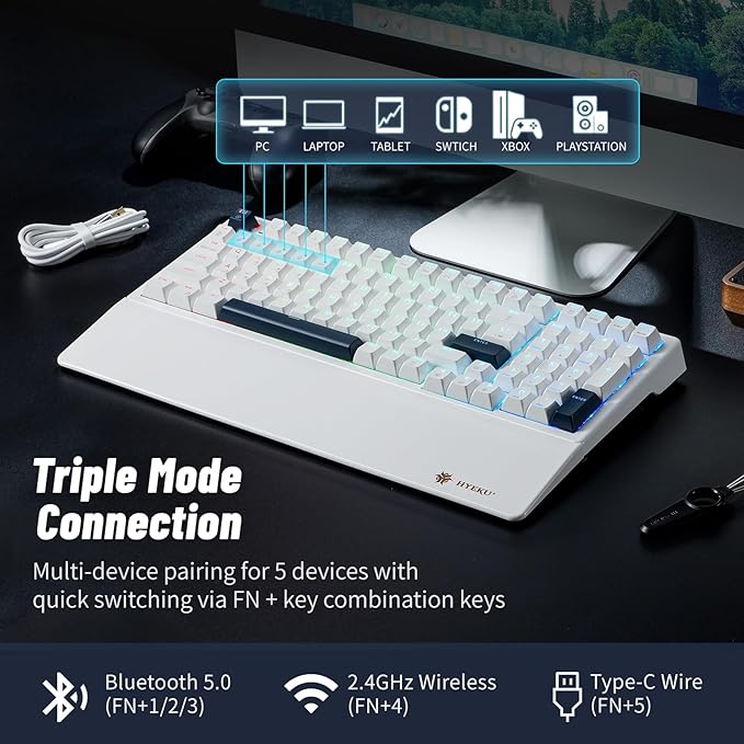 Wireless Mechanical Keyboard with Wrist RestTri-Mode BT5.0/2.4GHz/USB-C Hot Swappable Custom KeyboardPre-lubed Clicky SwitchesRGB Backlit Computer Gaming Keyboards for PC/Tablet/PS/Xbox(White)