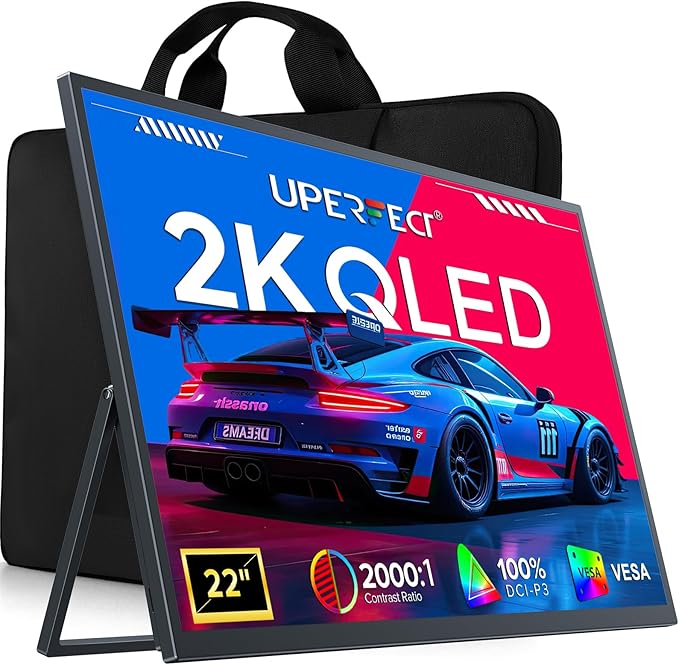 UPERFECT 22 Portable Monitor 2K QLED w/VESA &amp 180° Adjustable Stand 2560×1440 QHD FreeSync HDR Gaming Display USB-C HDMI Travel Second Monitor for Laptop Phone PC &amp Gaming Consoles