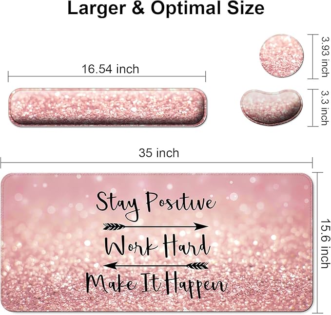 Keyboard Wrist Rest + Mouse Pad with Wrist Support + Desk Mat + Coaster 4 in 1 Set XXL Large Gaming Mousepad Cute Ergonomic Mouse Pads for Desk Computer Laptop Office Decor-Pink Words