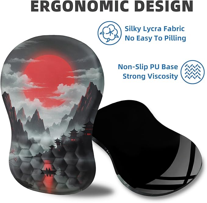 Ergonomic Mouse Pad Wrist Rest Carpal Tunnel Pain Relief Wrist Support Mousepad with Massage Bulge Memory Foam (Red Moon 11.8x7.9 in)