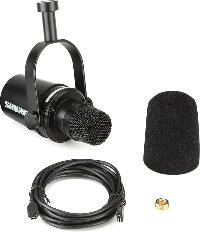 Shure MV7+ Podcast Dynamic Microphone with Low Profile Mic Stand. OBS Certified Enhanced Audio LED Touch Panel USB-C &amp XLR Outputs Auto Level Mode Digital Pop Filter Reverb -Black