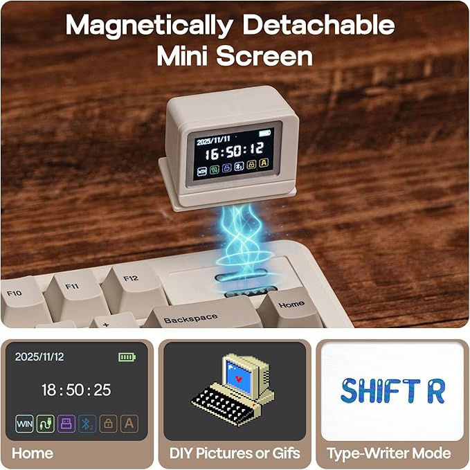EPOMAKER RT82 Wireless Mechanical Keyboard with Screen VIA Custom 2.4GHz/USB-C/BT5.0 RGB Backlit Gasket 5-Paddings PBT Keycaps Hot-Swap Retro Gaming Keyboard (Sea Salt Silent)