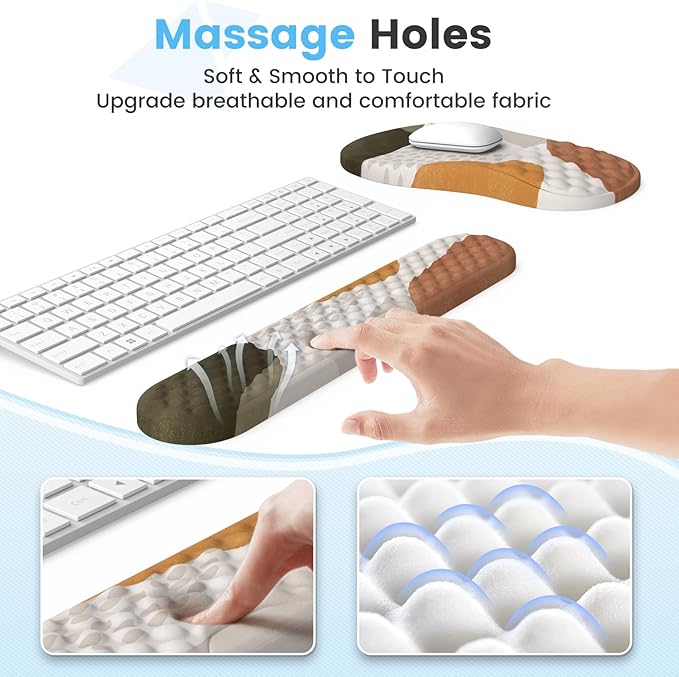 HAOCOO Ergonomic Mouse Pad with Wrist Rest and Keyboard Wrist Rest 3 PCS Computer Carpal Tunnel Mouse Pads for Desk with Coaster Set Memory Foam Keyboard Wrist Support for Laptop Office Boho Beige