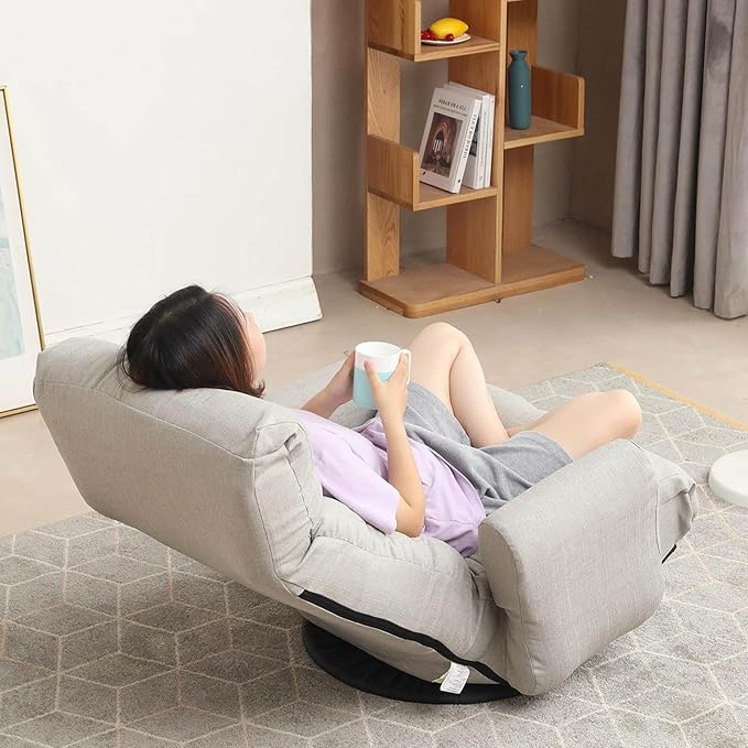 360° Swivel Gaming Floor Chair Linen Folding Lounge Chair 14 Position Adjustable Folding Sofa Chair with Armrests Cushion Padded Indoor Chaise Lounge Rocker for Teens &amp Adults (Linen Gray)