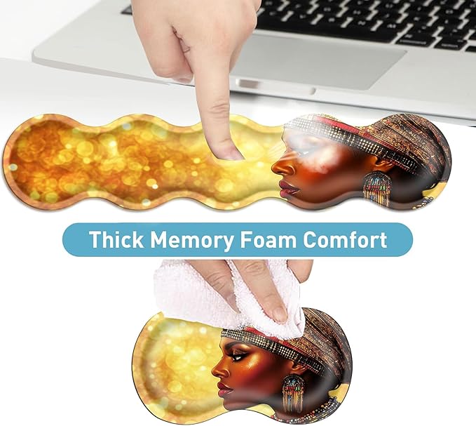 Keyboard Mouse Pad Set Extended Gaming Mouse Pad+Ergonomics Keyboard Wrist Rest Support Memory Foam Easy Typing Pain Relief 4Pcs XL Ultra Thick Desk MatAfrican Woman Gold Glitter