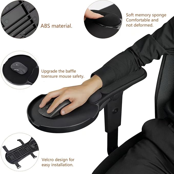 Upgraded Ergonomic Arm Rest Mouse Pad for ChairAdjustable Mouse Tray with Wrist Cushion Chair arm Mousepad Black