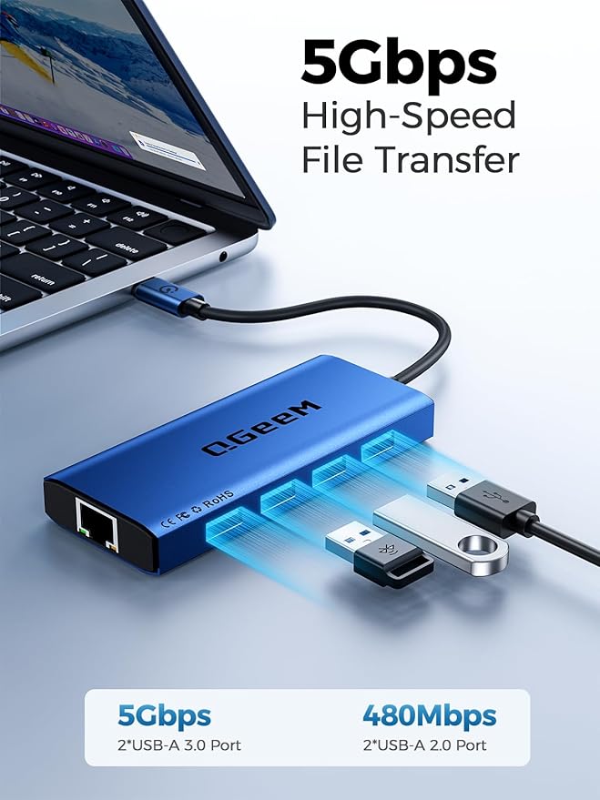 QGeeM USB C Hub Ethernet9 in 1 USB Type C Hub HDMI Multi-Port Converter Adapter100W Pd USB 3.0SD/TF Card ReaderCompatible for MacBook Pro Air Ipad HP Dell Lenovo Chromebook etc.-Blue