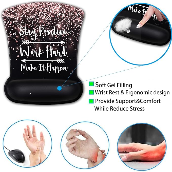 Ergonomic Gel Mouse Pad with Wrist Support Keyboard Wrist Rest Non-Slip PU Base for Home Office Working Studying Easy Typing &amp Pain Relief Rose Gold Black MousepadStay Positive Work Hard