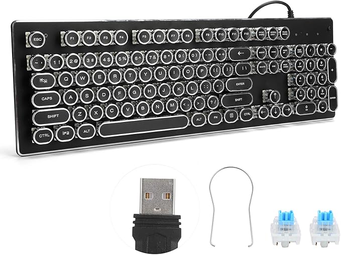 Pomya Retro Wired Gaming Mechanical Keyboard Key Click with 104 Keys Mixed Light Ergonomic Design Sensitive and Convenient 1.5m/4.9ft Plug and Play (Black)