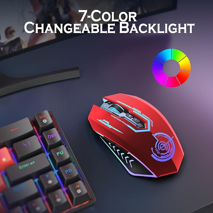 UHURU Gaming Mouse Wireless Gaming Mouse with 7 Buttons 7 Changeable LED Color up to 12000 DPI Rechargeable USB Gamer Mouse for PC Laptop (Red)