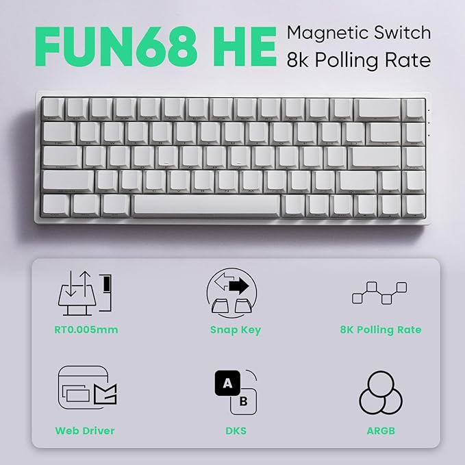MONSGEEK FUN68 Rapid Trigger Gaming Keyboard 8k SP HE Tri-Mode 65% White Keyboard Glare Magnetic Switch