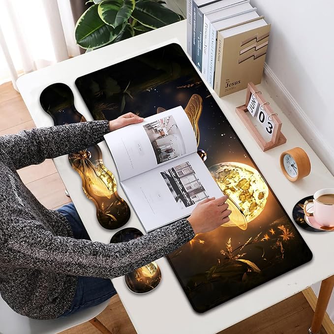 4 in 1 Mouse Pad Combo Large Gaming Mouse Pad + Keyboard Wrist Support + Mouse Wrist Rest + Coaster Table Pad 31.5 x 11.8 with Memory Foam Ergonomic Wrist Pad Set Dragonfly Under The Moon