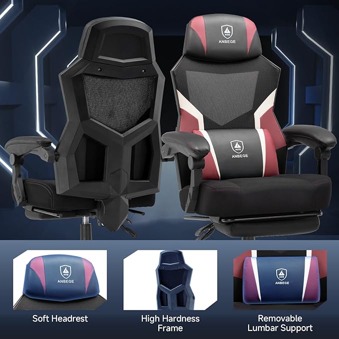 Ergonomic Mesh Video Gaming Chair with Footrest Height Adjustable Computer Chair with Lumbar Support High-Back Breathable Reclining Swivel Chair for Adults Home Office &amp Work (Red)