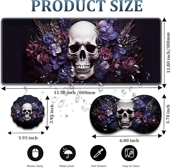 Large Gaming Mouse Pad + Wrist Rest + Lace Coaster Non-Slip Set with Sewn Edges and Waterproof Expandable Desktop Pad Suitable for Office/Home Skull Purple Flower