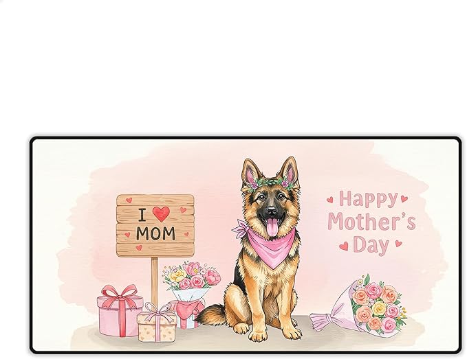 Happy Mother's Day German Shepherd Love Dog Mom Heart Flower Desk Mat Full Keyboard Mouse Pad Alsatian Dog Lover Gifts Large Mousepad 12004