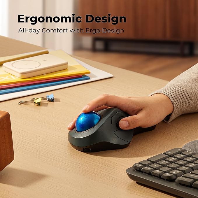 Wireless Trackball Mouse for Large Hands Ergonomic Index Finger Control Rechargeable Bluetooth/USB Mouse with Precise Smooth Tracking Multi-Device Connection for Windows &amp Mac Dark Blue
