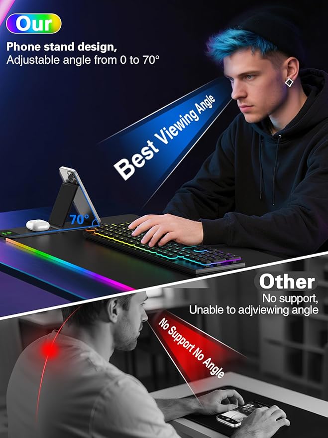 Mouse Pad with Foldable Phone Holder &amp Wireless Charger XXL RGB Gaming Mousepad 31.5x15.8 Large Desk Mat for Keyboard Black Desk Pad with Dual Qi Charging Station | 11 Colors 5 Modes | Waterpr