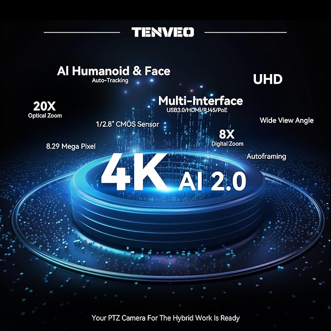 Tenveo 4K PTZ Camera and Controller Bundle 20X Zoom AI Auto-Tracking HDMI/USB3.0/LAN/PoE 4K PTZ Camera and PTZ Controller 5 LCD 4D Joystick NDI Controller Kit for Live Streaming