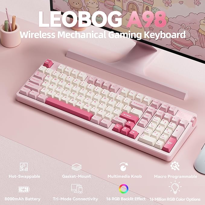LEOBOG A98 Wireless Mechanical Keyboard Tri-Mode BT5.0/2.4GHz/USB-C Creamy Keyboard with Number Pad Gasket Structure Hot Swappable PBT Keycaps RGB Backlit Pink Gaming Keyboard with Knob for PC