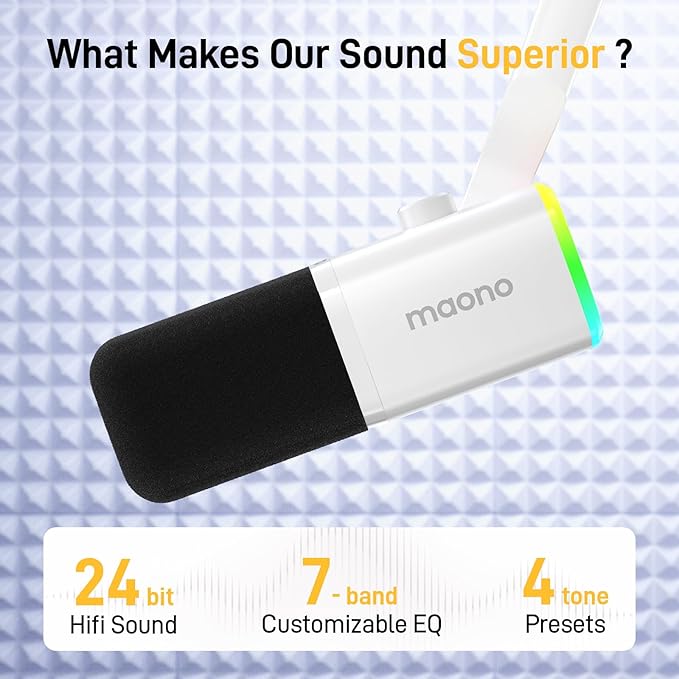 MAONO USB/XLR Podcasting Microphone for PC Gaming Streaming Dynamic Mic with Mute Button RGB Desktop StandComputer Mic for Video Studio Recording-PD100XWhite