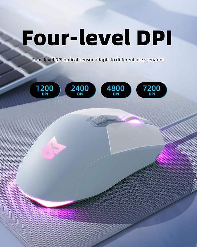Gaming Mouse Ergonomic Wired Gaming Mouse 7200 DPI Optical Sensor Adjustable USB C RGB LED Backlit Gaming Mice with 7 Programmable Buttons Plug Play High-Precision for PC Laptop Blue White