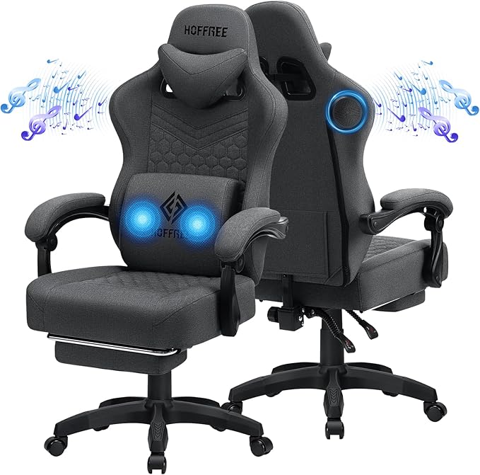 HOFFREE Gaming Chair Computer Chair with Speakers Massage Fabric Reclining Game Chair with Footrest Ergonomic High Back Gamer Chair Heavy Duty Gaming Chairs for Adults Dark Grey