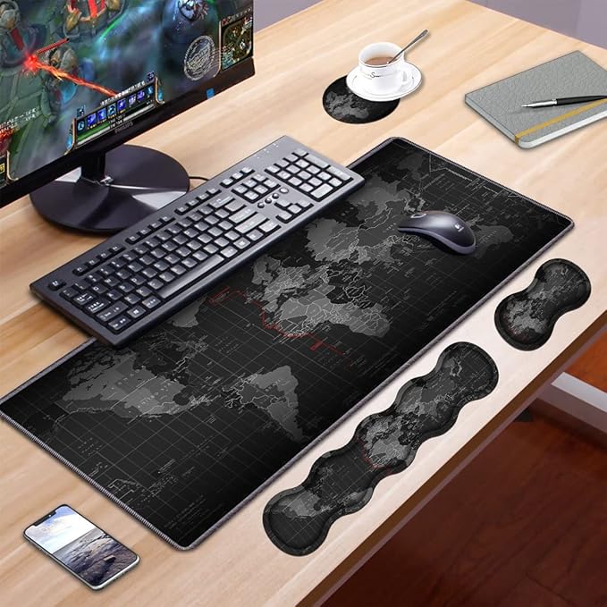 Ergonomic Keyboard Wrist Rest &amp Mouse Pad Wrist Rest Set Large XXL Gaming Mousepad 31.5x 11.8 Memory Foam Easy Typing Pain Relief Multifunctional Desk Mat for Office &amp Home World Map Pa