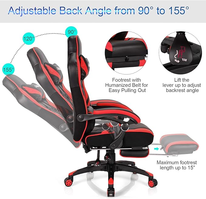 GYMAX Gaming Chair Ergonomic Computer Chair with Footrest Linkage Armrests &amp Lumbar Cushion Big Wide High Back Video Gaming Chair Reclining Office Rolling Chair for Adult/Teens (Red)