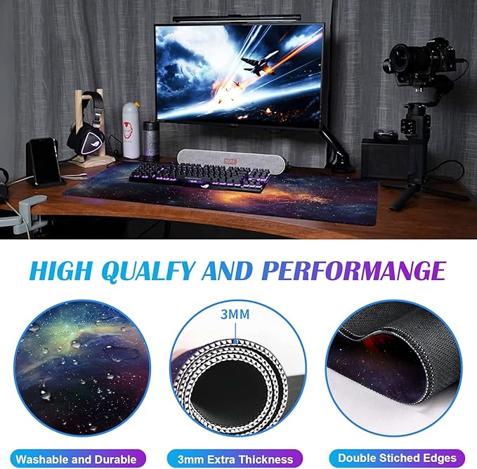 Large Extended Gaming Mouse Pad with Stitched Edges Non-Slip Waterproof Rubber Base Mouse Pad for Office Computer Keyboard Laptop and Home Desk Pad 35.4 x 15.7 x 0.12 Inch (Starry Sky)